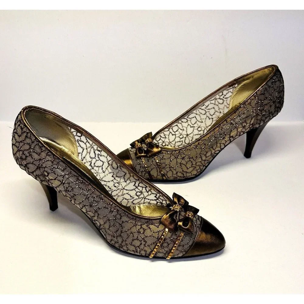 STUART WEITZMAN Womens Heels Shoes Size 6B Brown Guipure Lace Beaded Bow - Picture 2 of 13